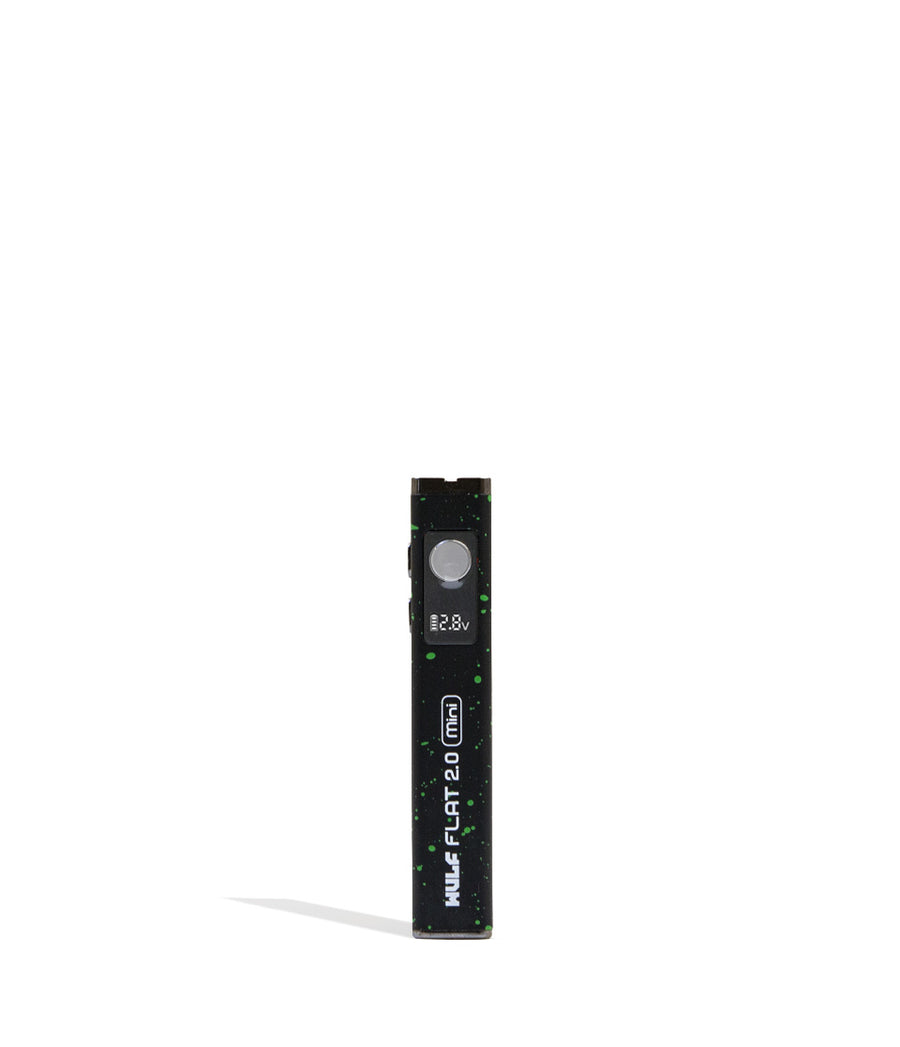 Black Green Spatter Wulf Mods Flat Mini 2.0 Variable Voltage Battery Front View on White Background