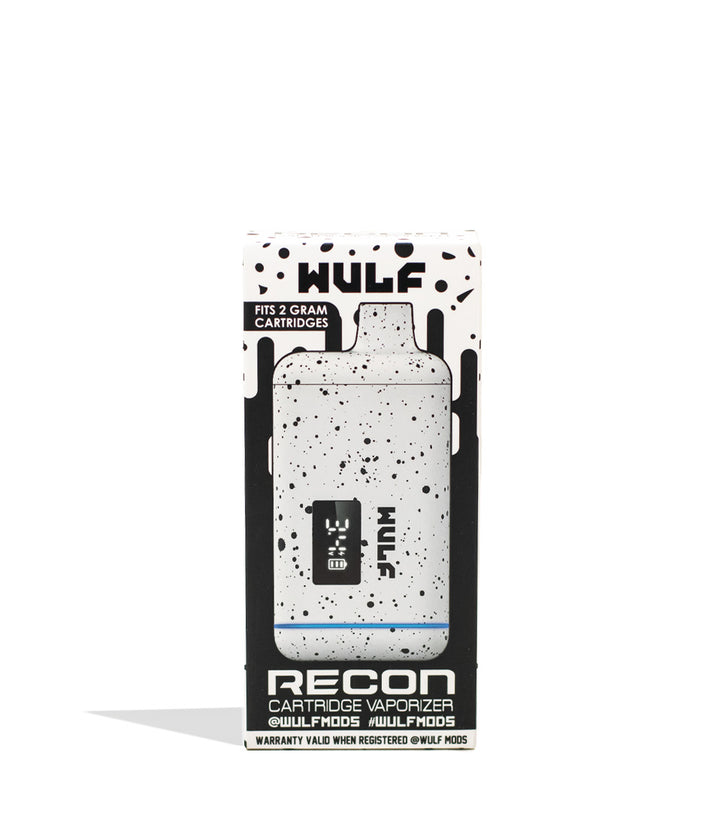 White Black Spatter Wulf Mods Recon Cartridge Vaporizer Packaging Front View on White Background