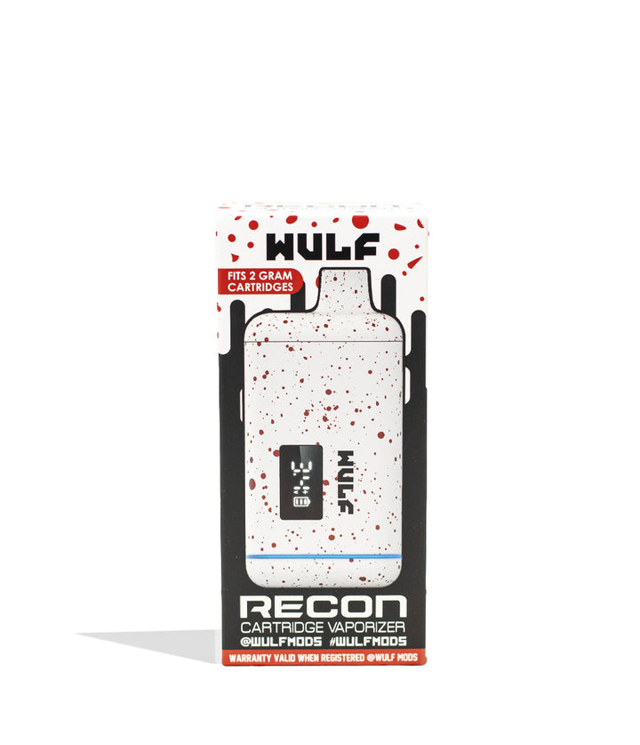 White Red Spatter Wulf Mods Recon Cartridge Vaporizer Packaging Front View on White Background